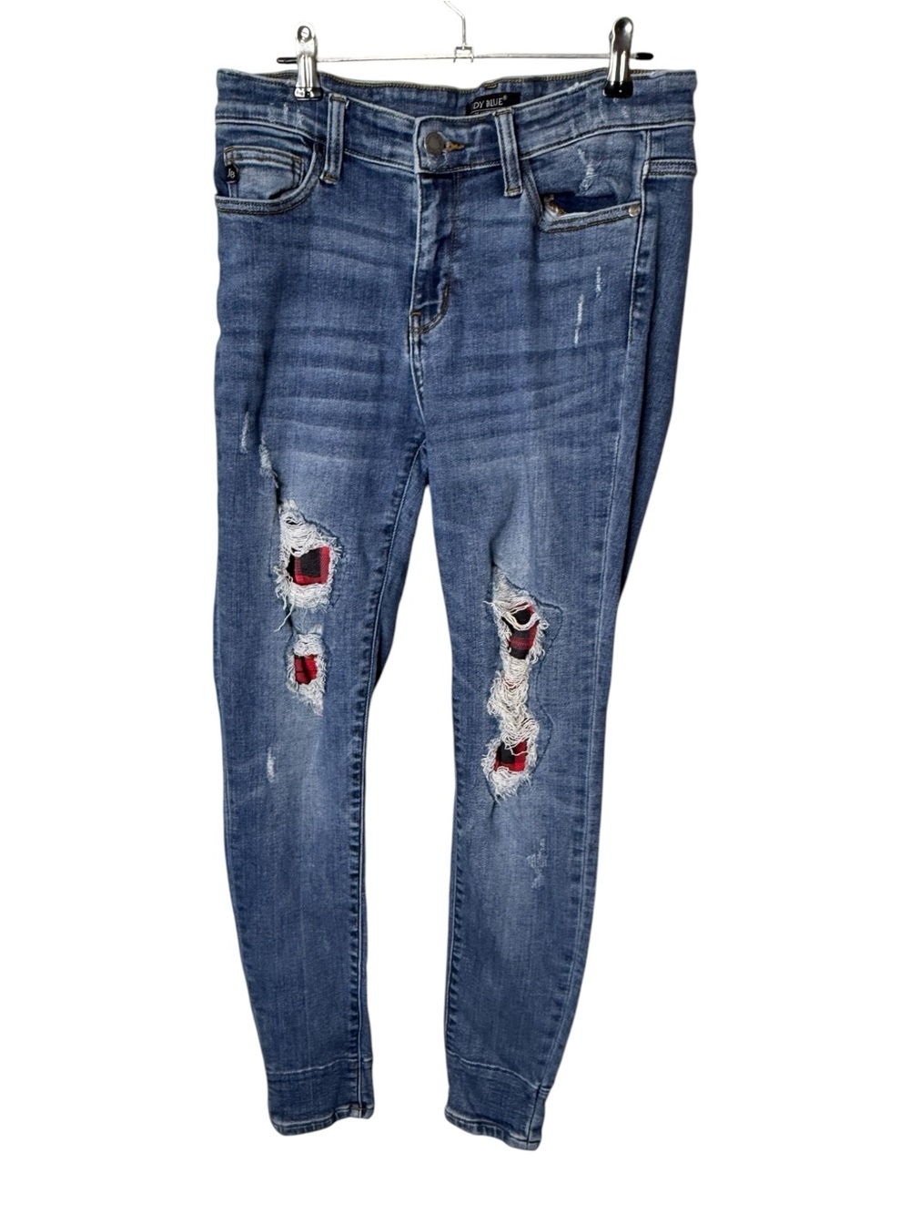 Judy Blue Dark Blue Skinny Jeans Size 9/29 Buffalo Plaid Patched Distressed Deni